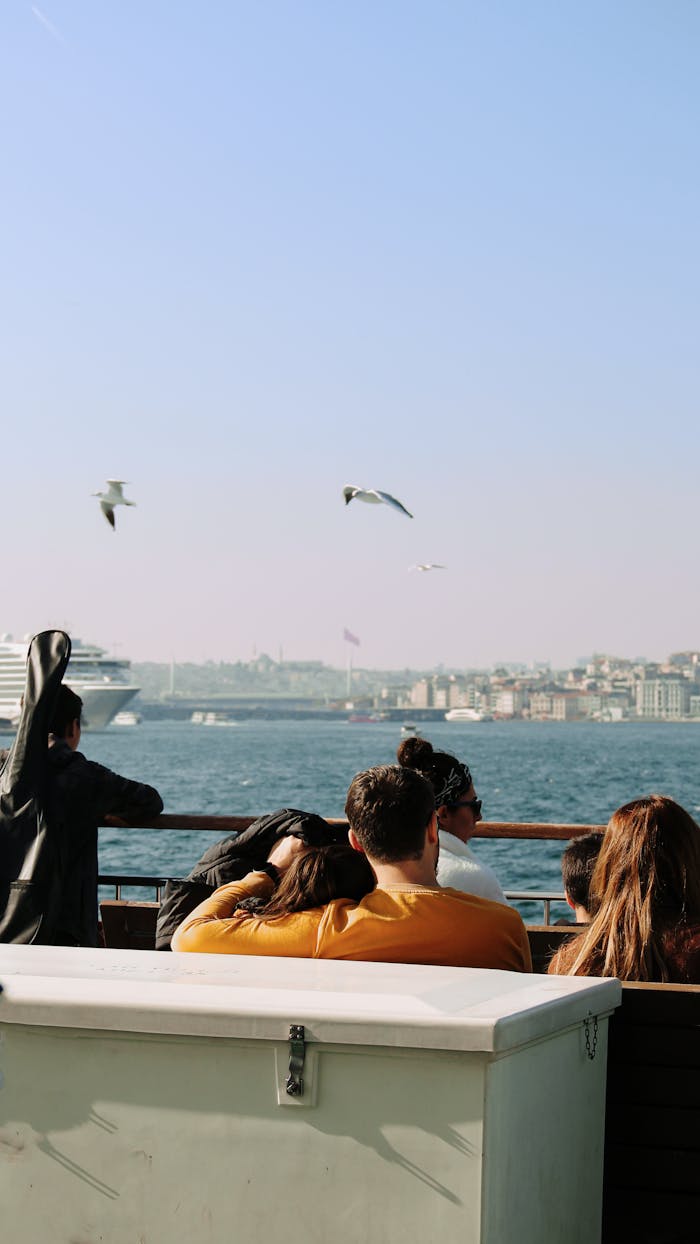 People enjoying a sunny boat ride on the Bosphorus in Istanbul, with views of the city and seagulls flying overhead.