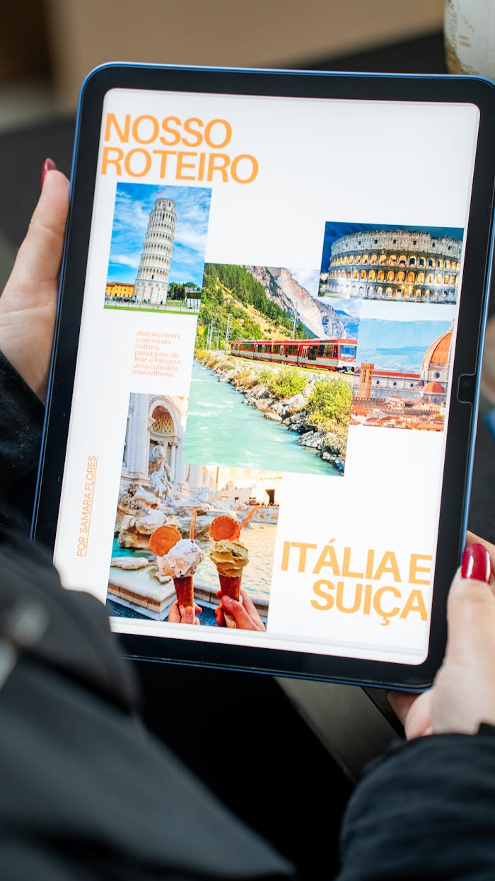 services-02 Digital itinerary with landmarks from Italy and Switzerland displayed on a tablet.